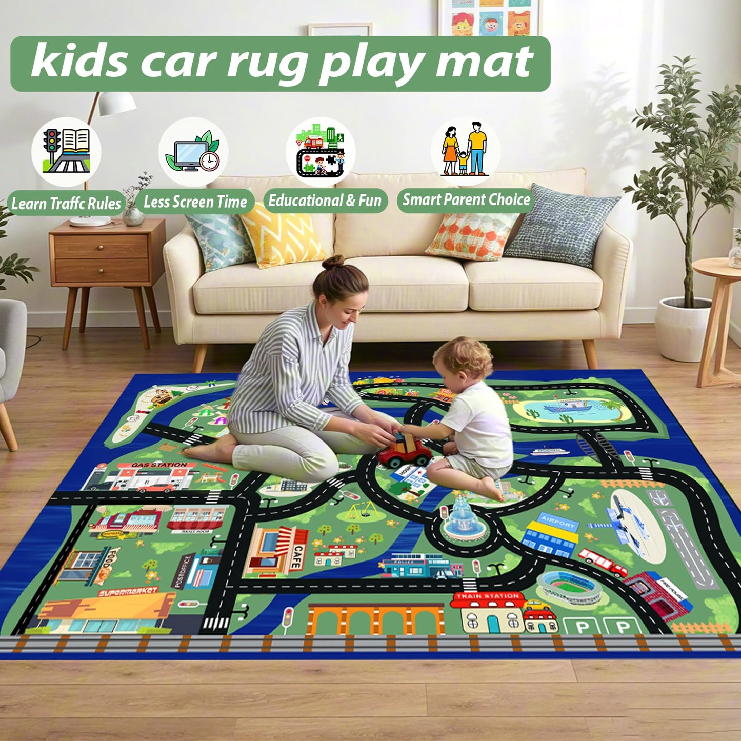 SXHYSM Kids City Road Play Mat 6FT x 4FT Large Toddler Traffic Play Rug
