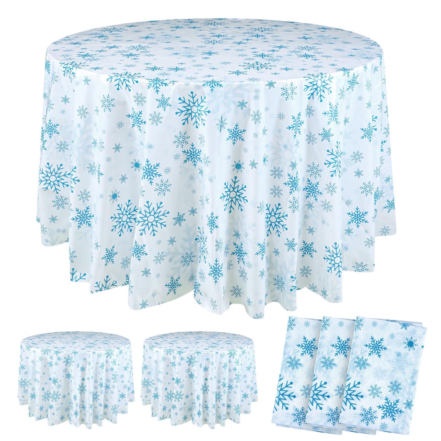 Sliner 6 Pcs Winter Round Plastic Tablecloth 84'' Winter Snowflakes Tablecloth Disposable Christmas Holiday Backdrop Sign Table Covers for Holiday Birthday Party Decorations (Blue,White)