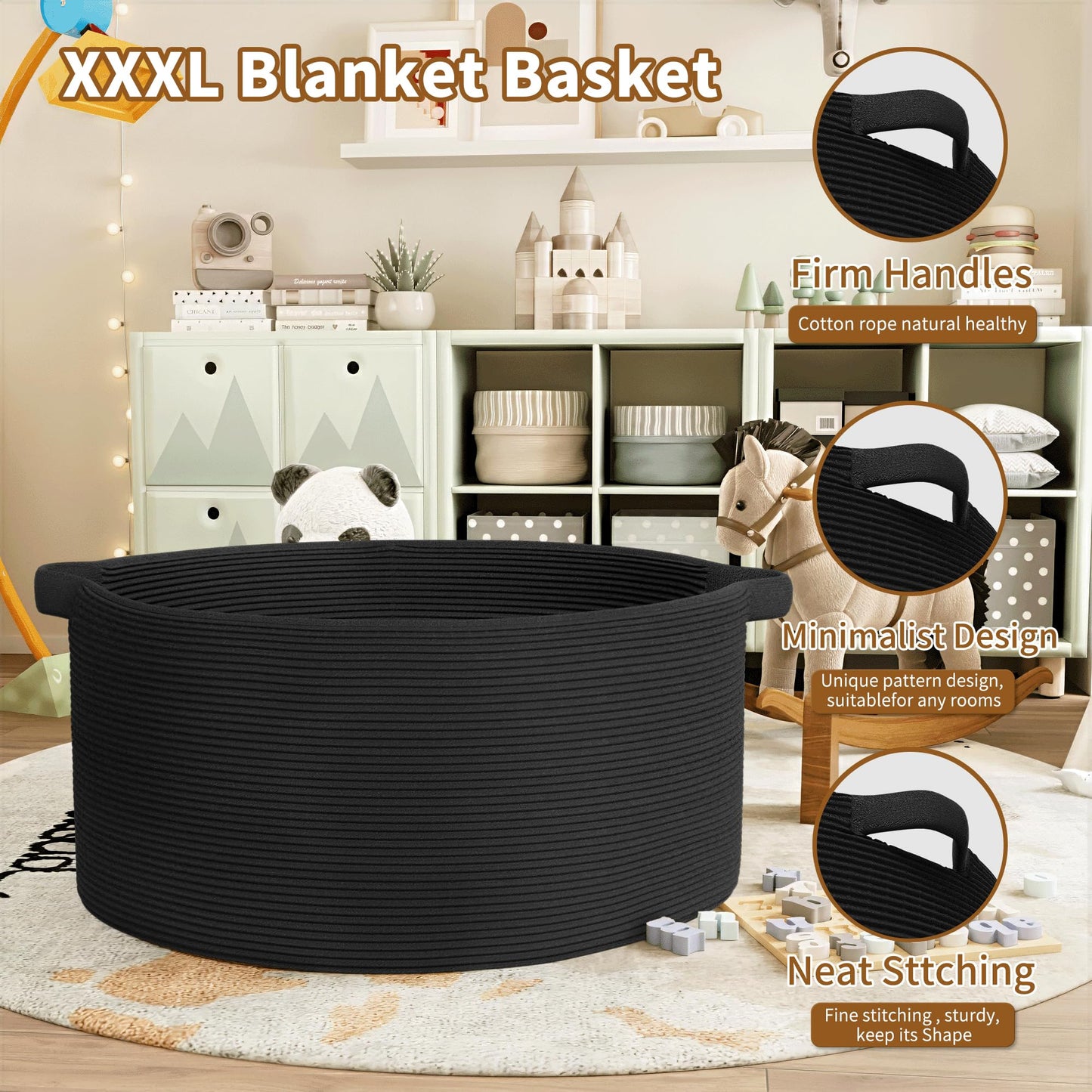 GOPAS 125L Extra Large Blanket Basket, 25" x 16", Jumbo Laundry Woven Baskets Decorative Home, Cotton Rope Basket with Handles, Baby Toy Baskets for Storage, Black