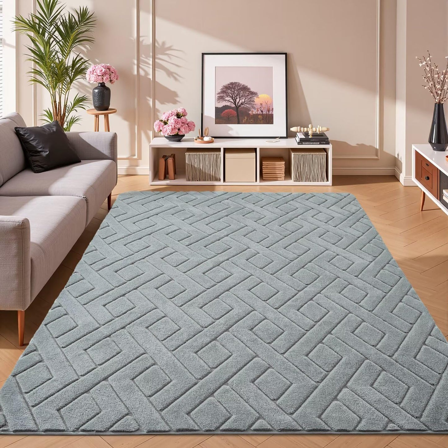 Flagover 3x5 Grey Washable Area Rug for Bedroom, Modern Geometric Shag Non-Slip Living Room Rugs, Fluffy Plush Soft Memory Foam Carpet for Kids Boys Room Nursery Room Dorm Bedside Decor