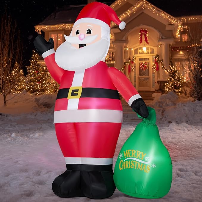 JOYIN 8FT Tall Christmas Inflatable Santa Outdoor Decoration for Yard, Blow Up Santa Decor Holding Gift Bags with Build-in LEDs for Xmas Party Decor Yard Outside Garden Holiday Decoration