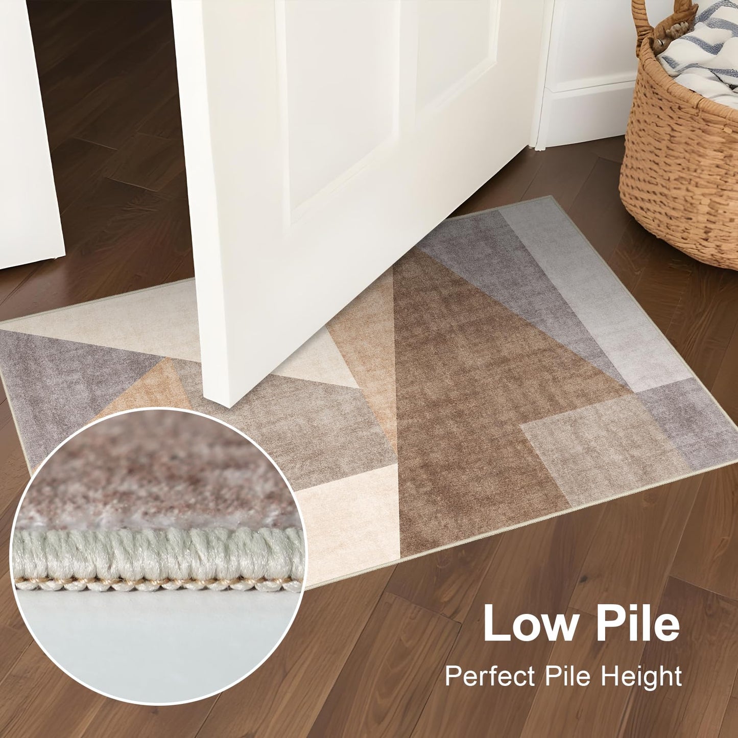 Washable Modern 2x3 Area Rug: Non-Slip Small Throw Carpet Pet Friendly Low Pile Mat for Entryway Kitchen Bedroom Bathroom Floor Stain Resistant Indoor Geometric Rug Brown