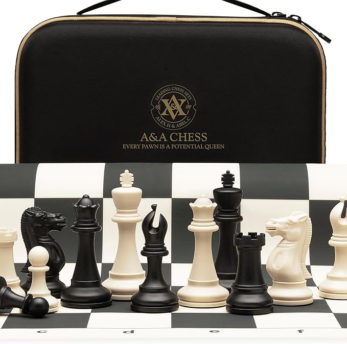 A&ampA Tournament Chess Set/ 20''x20'' Foldable Silicone Chess Board / 3.75'' King Height Plastic Quadruple Weighted Classic Staunton Pieces/Storage Bag for 6 Years Old - 2 Players