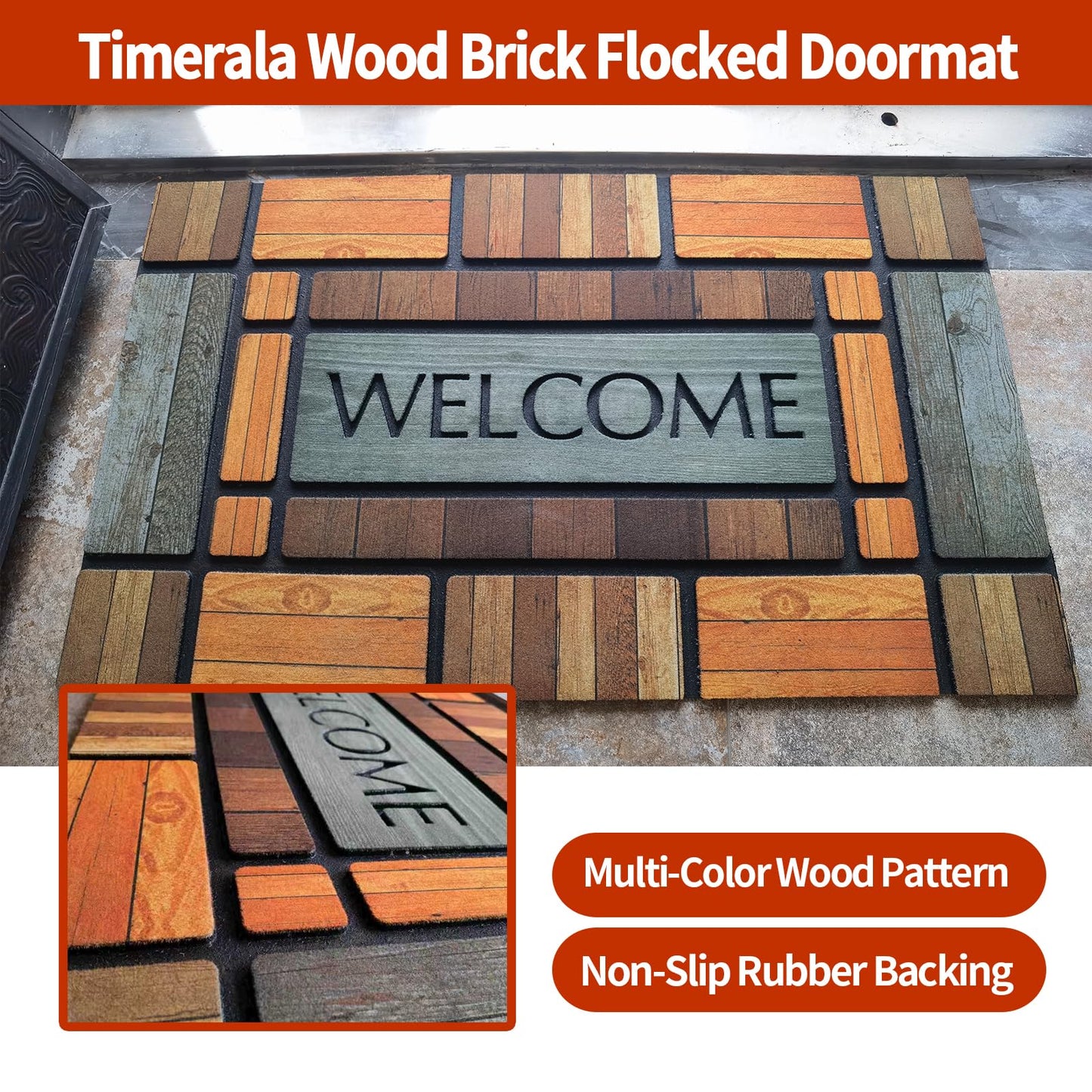 Timerala Wood Brick Flocked Doormat, Welcome Design, Multi-Color Wood Pattern, Non-Slip Rubber Backing, Rectangular, 29.92 x 17.32 Inches