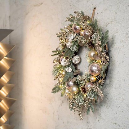 YULETIME 24" Christmas Wreath, Artificial Holiday Wreath with Baubles, Berries, Leaves, Spruce Branches, Snowy Pine Needles (Pink Bauble)