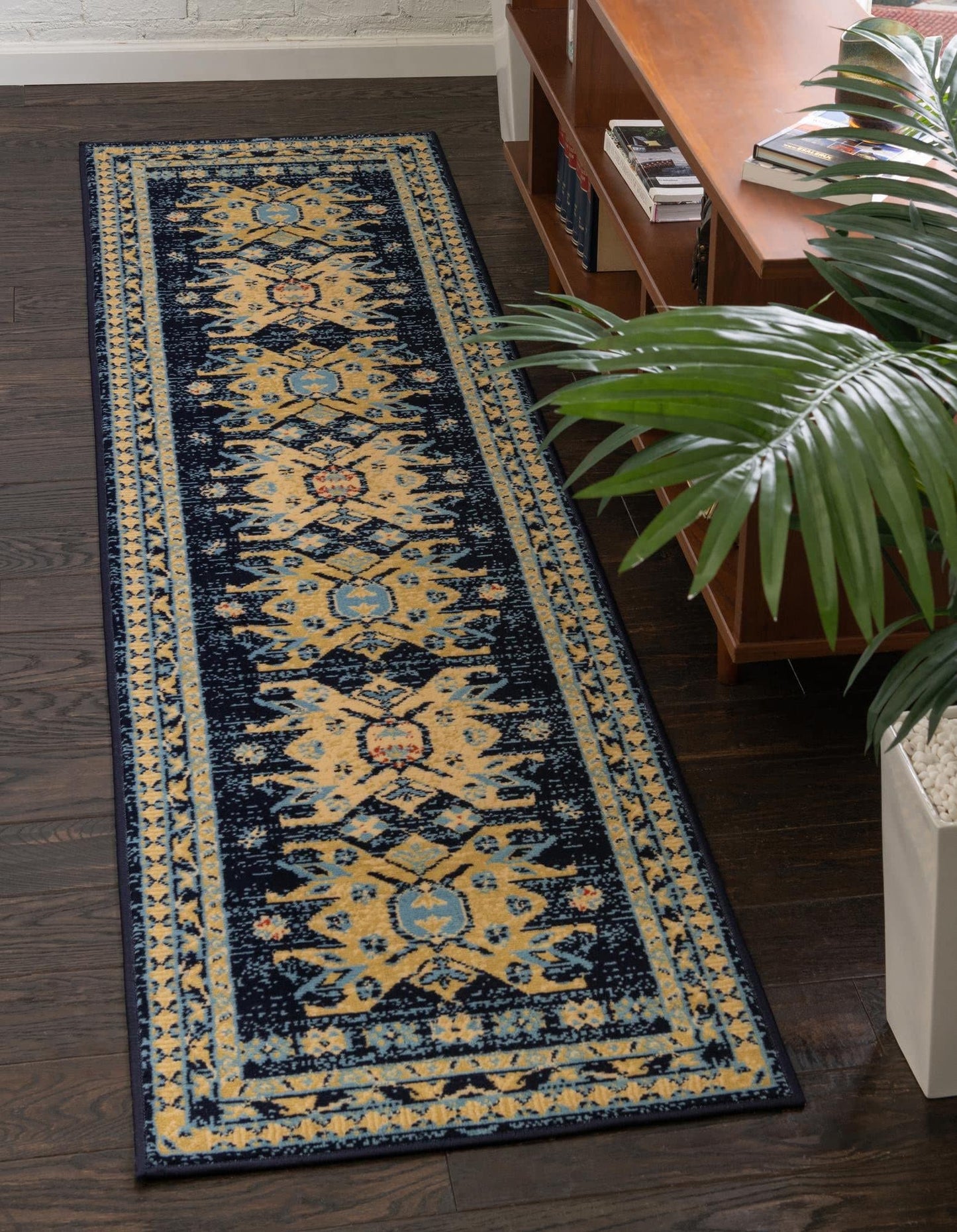 Unique Loom Taftan Collection Border Geometric Tribal Inspired Design Area Rug (2' 7 x 10' 0 Runner, Navy Blue/ Gold)