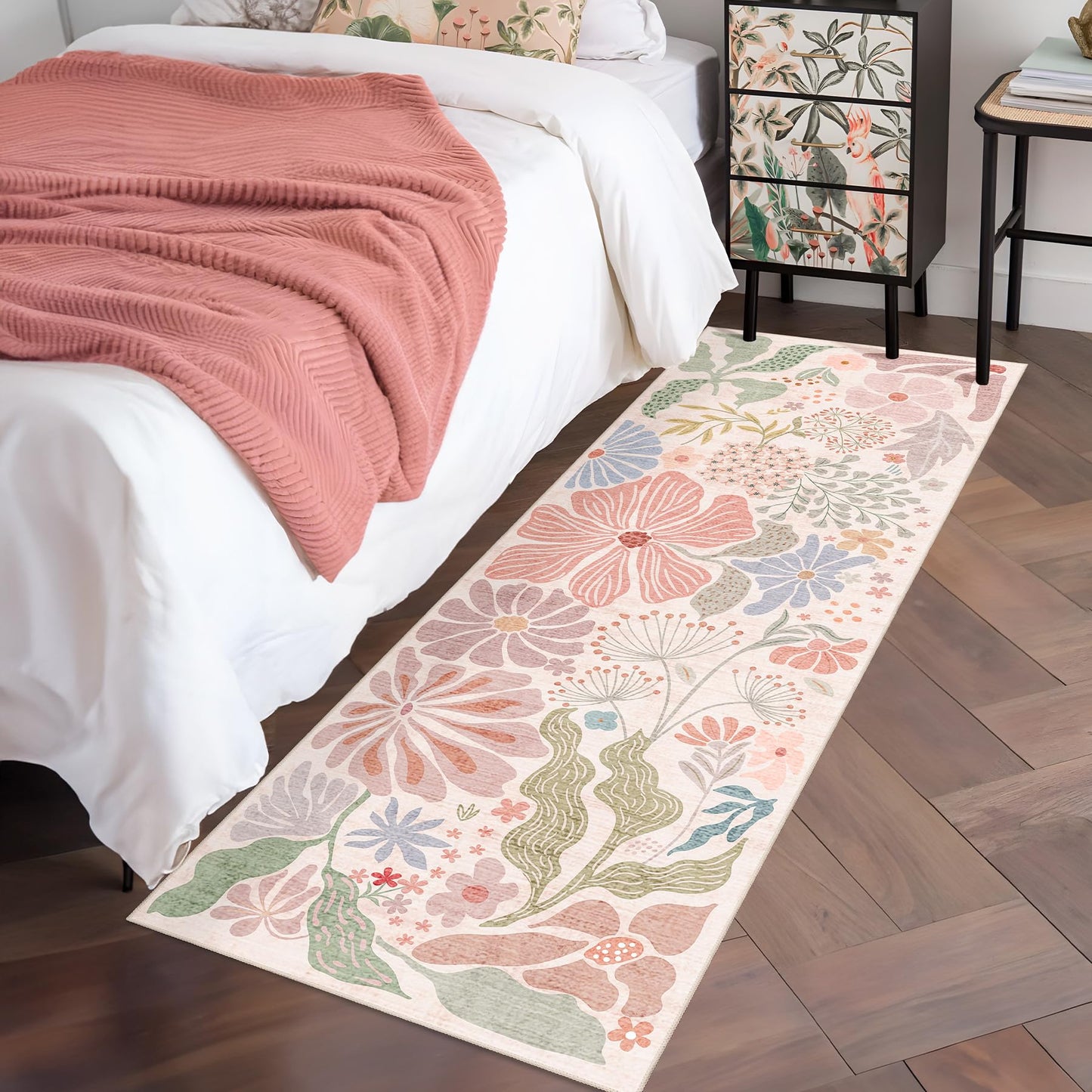 MUJOO Pink Washable 2x6 Runner Rugs for Hallway Kitchen Bedside,Floral Long Area Rug for Bedroom Bathroom Laundry Room Floor Non Slip Carpet Throw Rug Boho Modern Abstract Botanical Flower