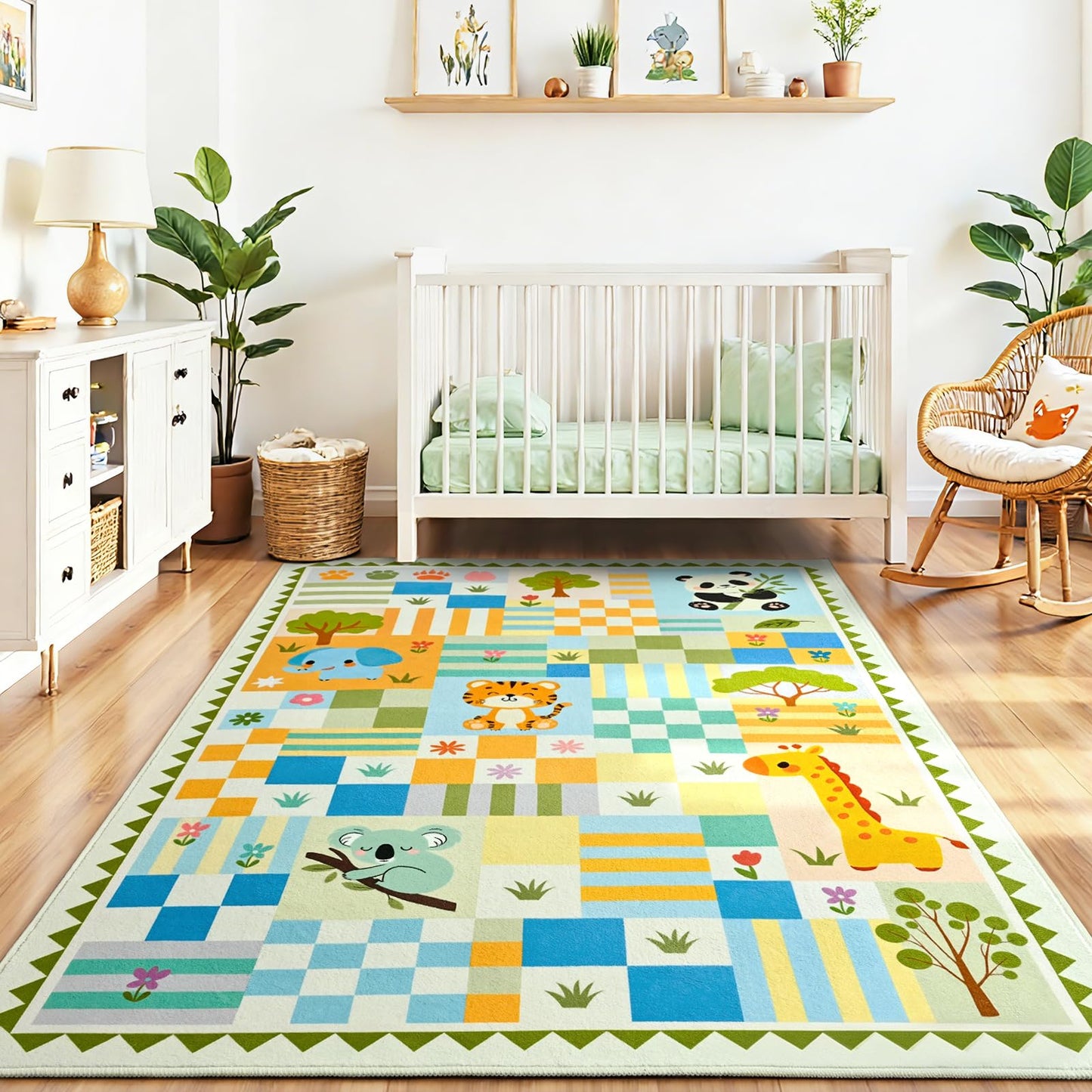 3x4 Washable Kid Playroom Rug, Unisex Green Safari Jungle Woodland Animal Toddler Carpet, Soft Non-Slip Baby Nursery Area Rug with Cute Colorful Checkered Design for Boy Bedroom
