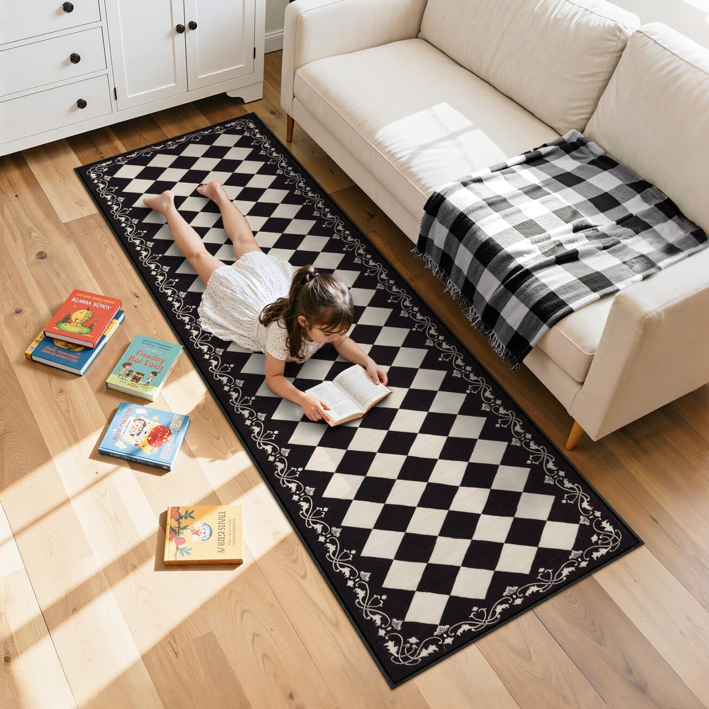 Zealude Moroccan Trellis Black and White Runner Rug 2.5x8 Washable Carpet Runners for Hallway 8ft, Soft Low Pile Checkered Bathroom Rug Gingham Print Kitchen Mordern Plaid Carpet for Bedsides Laundry