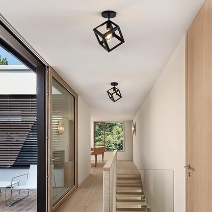 Modern Black Flush Mount Ceiling Light Fixture, Metal Frame Light Fixture,Farmhouse Light Fixture for Entryway Porch Hallway Stairway Garage Living Room Dining Room Balcony
