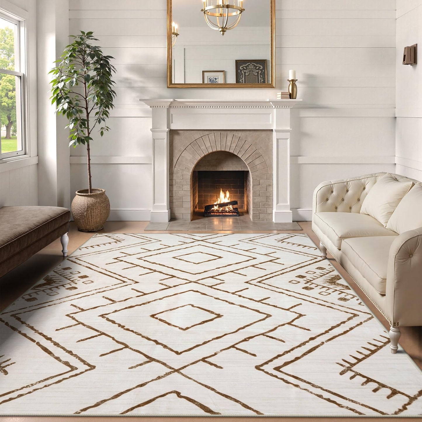 LIVEBOX Moroccan 8x10 Area Rug, Beige Washable Rugs for Living Room Bedroom, Non Slip Western Tribal Rug Low Pile Geometric Large Area Rugs Diamond Carpet for Dining Room, Nursery Room, Playroom Boho