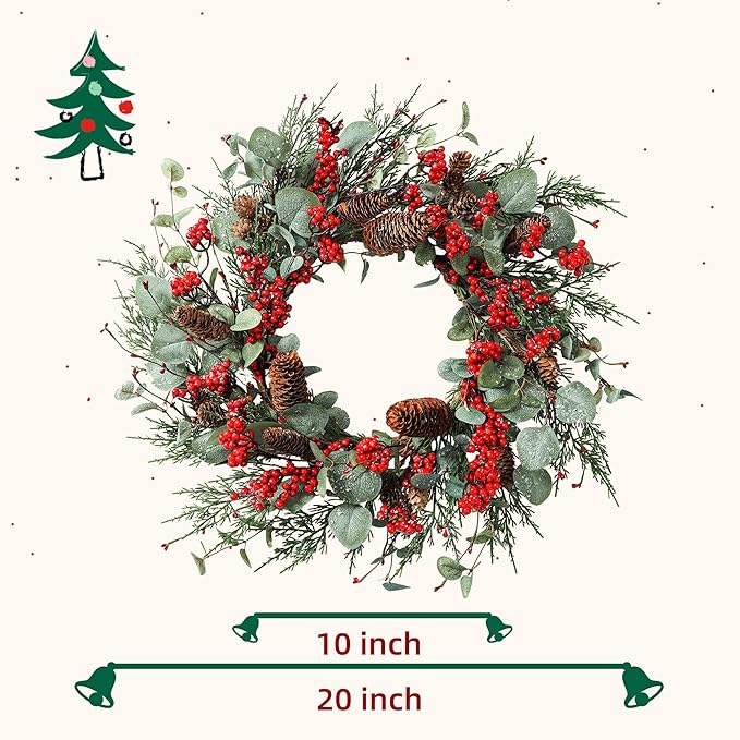 YNYLCHMX 22 Inch Winter Wreath for Front Door, Winter Wreath with Eucalyptus Leaves Red Berry Pine Cones Pine Needle, Artificial Door Wreaths for Indoor Farmhouse Holiday Decoration