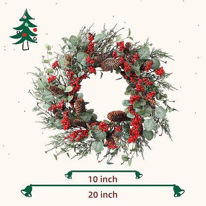 YNYLCHMX 22 Inch Winter Wreath for Front Door, Winter Wreath with Eucalyptus Leaves Red Berry Pine Cones Pine Needle, Artificial Door Wreaths for Indoor Farmhouse Holiday Decoration