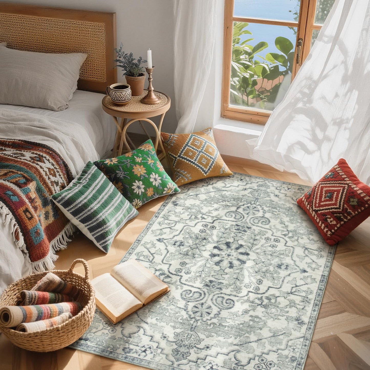 Lahome Reine Bohemian Floral Medallion Area Rug - 3x5 Beige Washable Entryway Rug Office Mat, Transitional Non Slip Indoor Throw Bedroom Carpet for Kitchen Coffee Table Mudroom Dressing Room RV