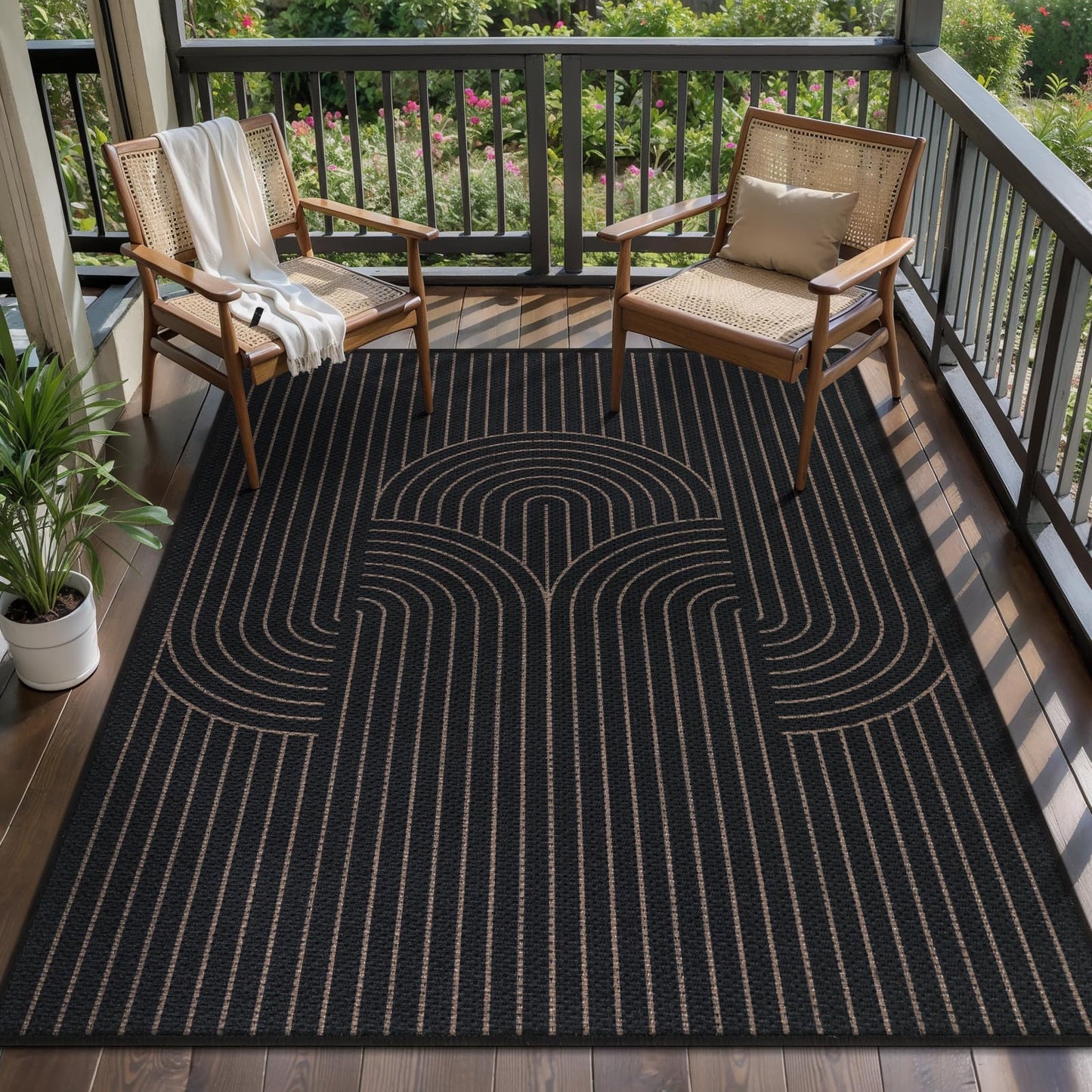 Tangsoo Black Geometric Rainbow Easy Jute Area Rug,4x6 Washable Thin Rug for Patio,Non Slip Rubber Backing Indoor Outdoor Carpet Boho Farmhouse Throw Mat for Front Porch Bedroom Living Room