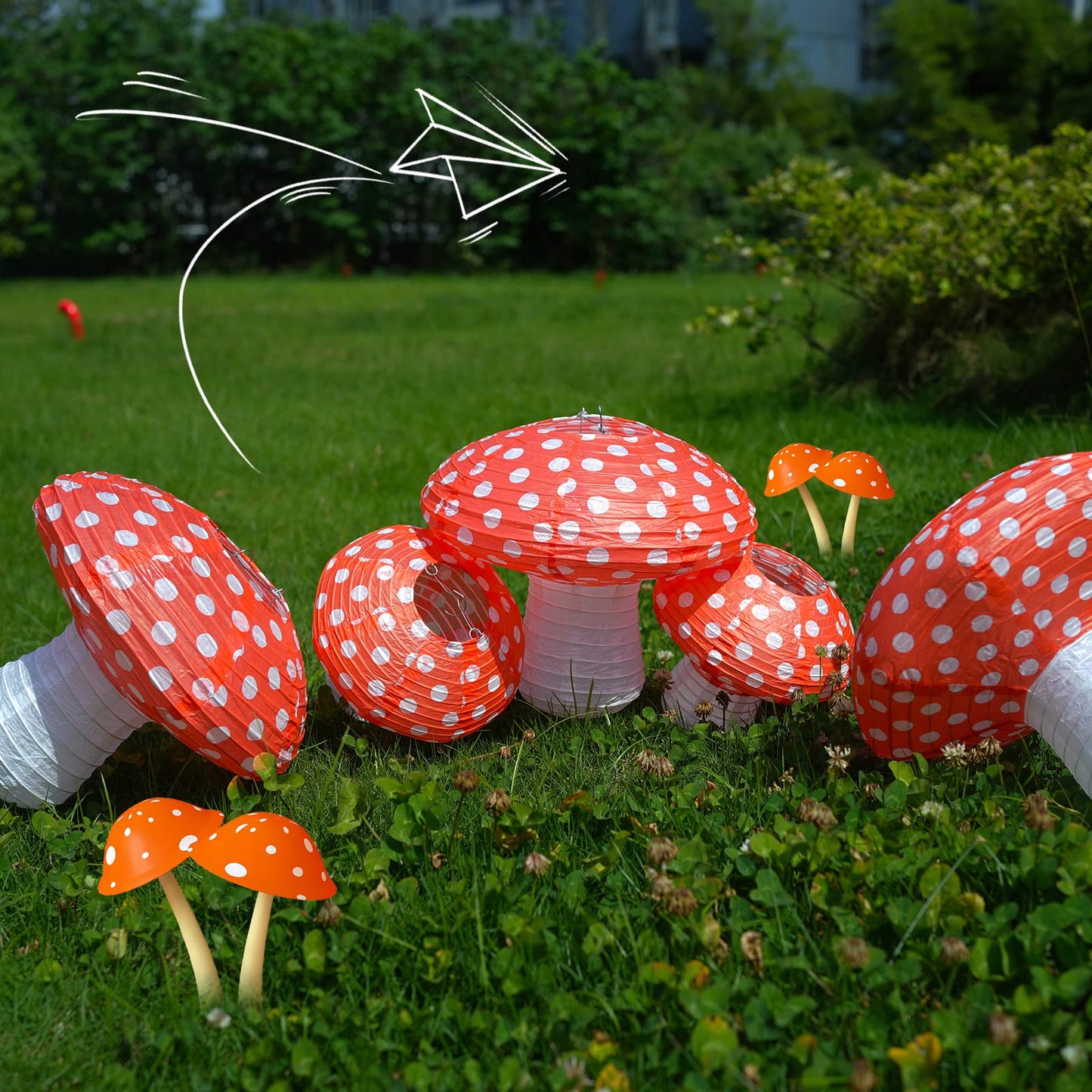 6Pcs Mushroom Paper Lanterns, 3D Mushroom Hanging Ornament for Wonderland Jungle Forest Themed Birthday Party Wedding Nursery Decor (Red, 6 Pack)