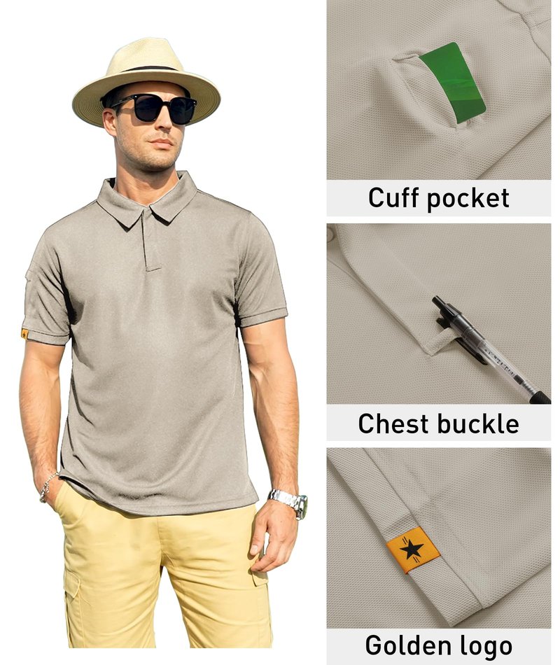 ZITY Mens Polo Shirt Short Sleeve Sports Tactical T-Shirt Athletic Golf Polos Daily Casual Stylish Collared Shirts for Men Lightkhaki Large