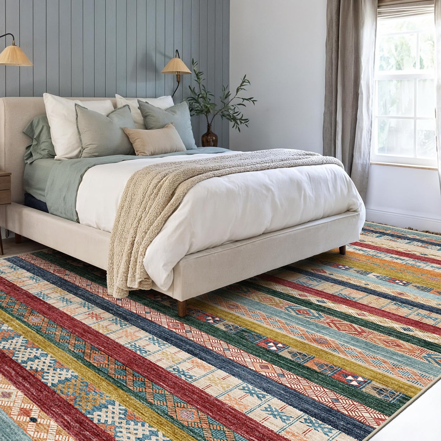 Puino 8x10 Washable Area Rug: Moroccan Large Neutral Boho Area Rug for Living Room & Bedroom Geometric Non-Slip Farmhouse Carpet for Living Room Colorful Stripe 8'x10'.