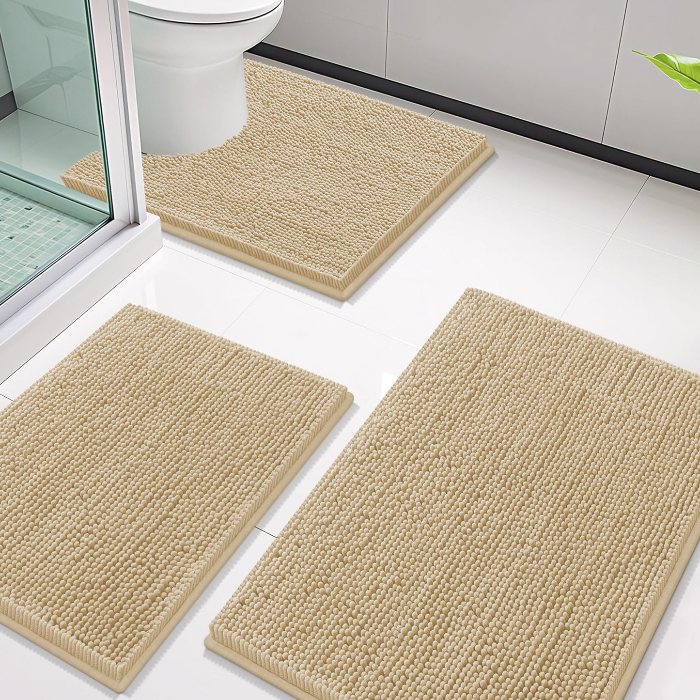 Smiry Bathroom Rugs Sets 3 Piece, Soft Absorbent Chenille Bath Mat and U-Shaped Contour Toilet Rug, Machine Wash Dry Bath Mat Sets for Bathroom Tub and Floor (30"x20"+24"x16"+24"x20", Beige)