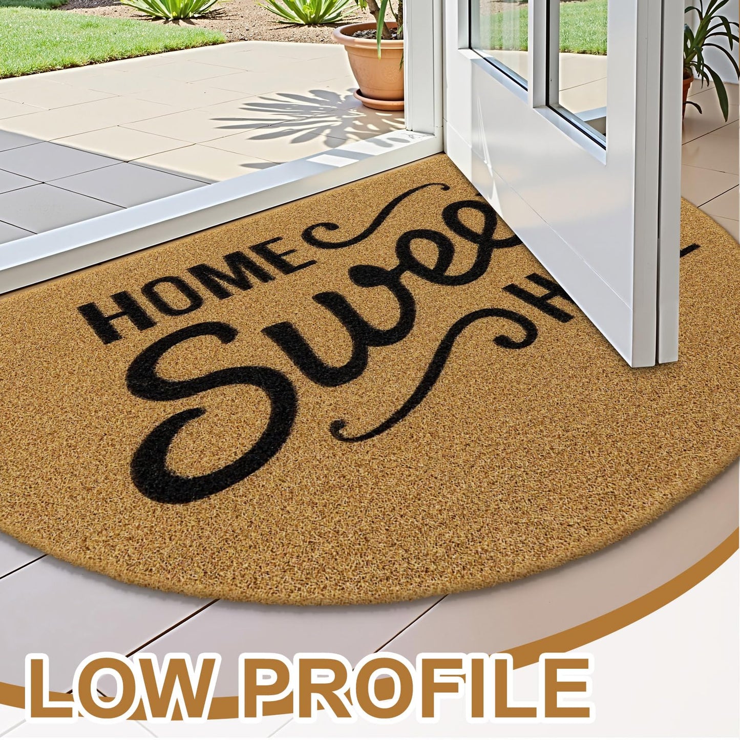 OLANLY Half Circle Front Door Mat, Low Profile Doormat, Stain and Fade Resistant, Easy to Clean, for Indoor and Outdoor Entrances, Patio Porch or Entryway, Brown (47x32 Inch, Home Sweet Home)