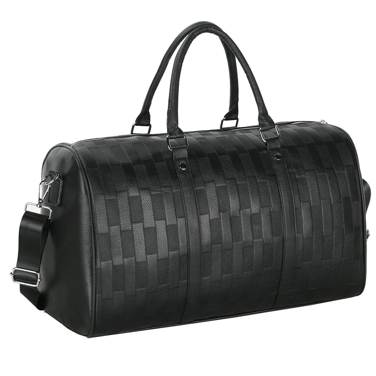AGVOTK Luxury Black Woven Leather Weekender Duffel Bag Men Women Travel Carry-on, Large Overnight Bag with Handles & Adjustable Shoulder Strap