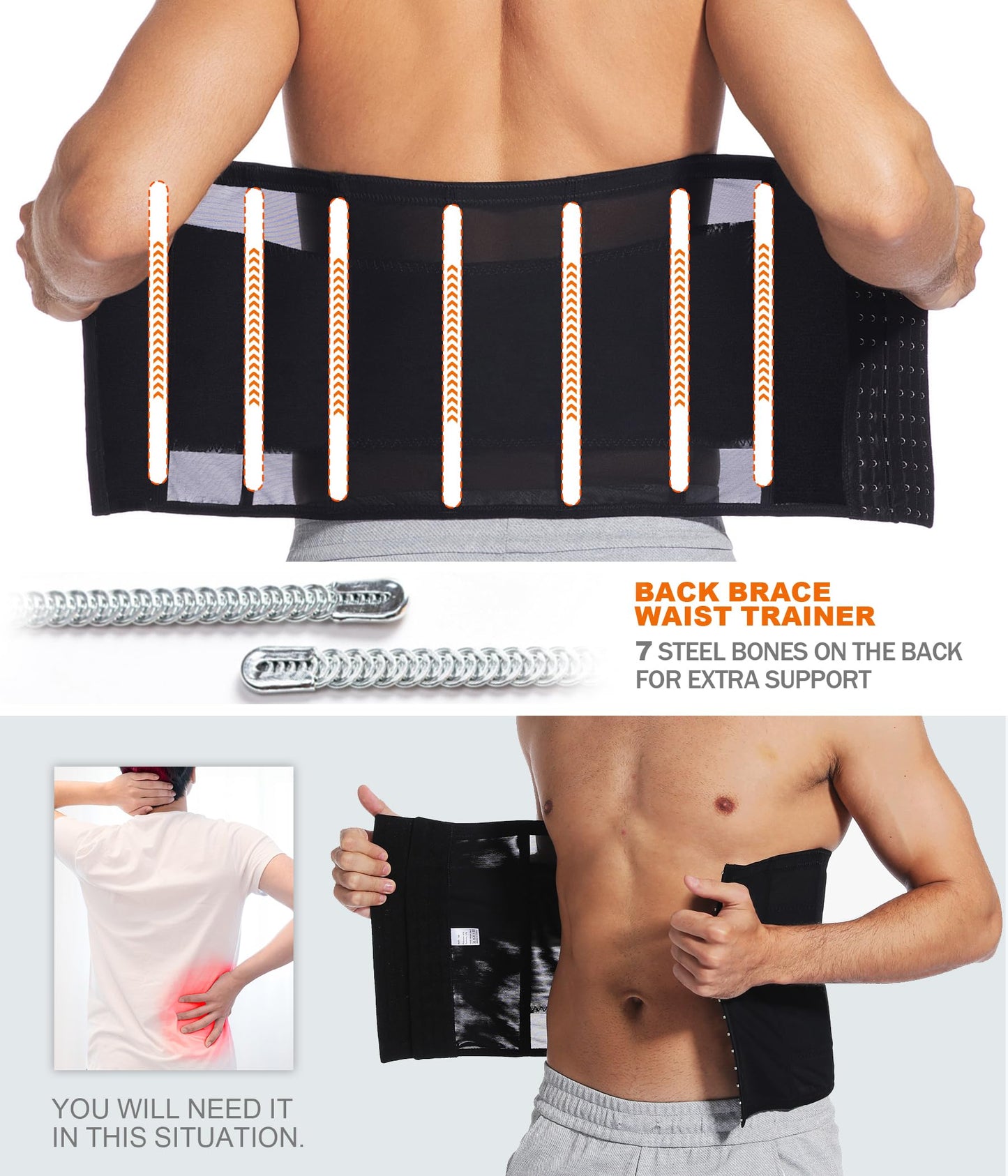 WLWLNUXI Mens Waist Trainer Trimmer Tummy Control Shapewear Slimming Girdle Stomach Band Back Support Body Shaper Belt (Black, XX-Large)