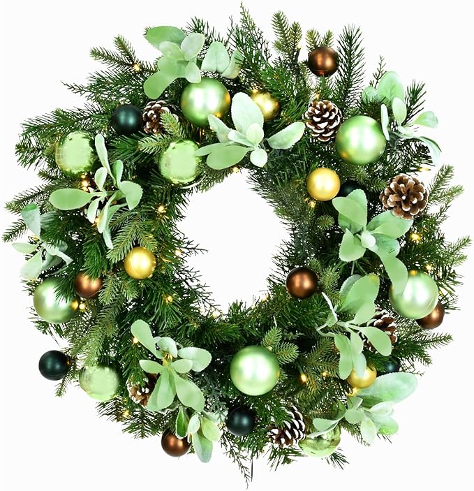 Fraser Hill Farm 24-in. Prelit Holiday Wreath with Pinecones and Metal Ornaments, White Micro-LED Light-Up Design for Indoor or Covered Outdoor Use on Porch, Patio, Kitchen