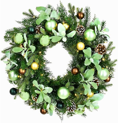 Fraser Hill Farm 24-in. Prelit Holiday Wreath with Pinecones and Metal Ornaments, White Micro-LED Light-Up Design for Indoor or Covered Outdoor Use on Porch, Patio, Kitchen