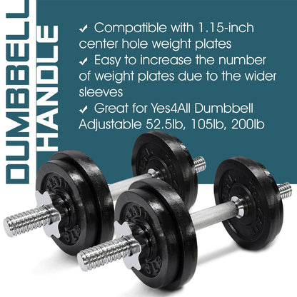 Yes4All Pair of Threaded Dumbbell Handles 14/16/18/24 inch, Chrome/Rubber Grip, Fit 1” Plates, Weight Bar Connector