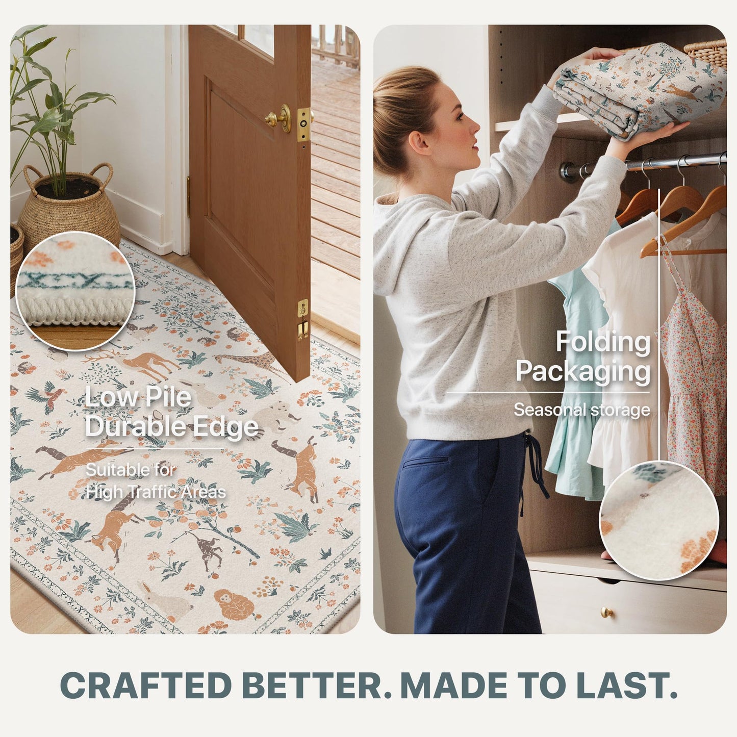 BESBLEE Washable Rugs 3x5, Soft Animal Print Ultra-Thin Low Pile Carpet, Non-Slip Stain Resistant Floral Pet Friendly Woodland Jungle Rug for Playroom Living Room Bedroom Entryway, Beige