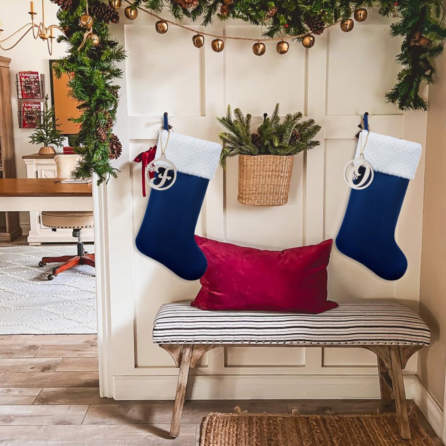 Pxniy Personalized Christmas Stocking, 19.5 Inch Blue Velvet Christmas Stocking with Gold Wooden Letter Ornament - Fireplace Holiday Decor (Blue M)