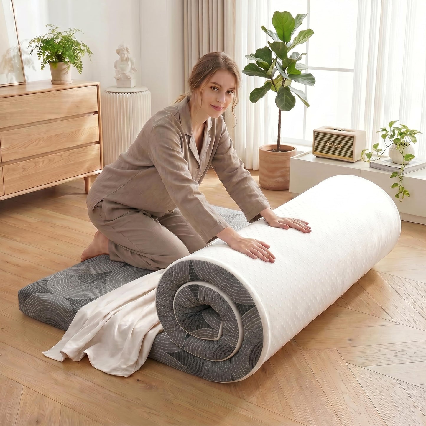 Castage Japanese Floor Mattress, 3.5" Thicken Futon Mattress Tatami Mat with Non-Slip Bottom,Removable Washable Cover,Foldable Mattress Tatami Mat Sleeping Pad，Grey Geometric，Queen(80''x60'')