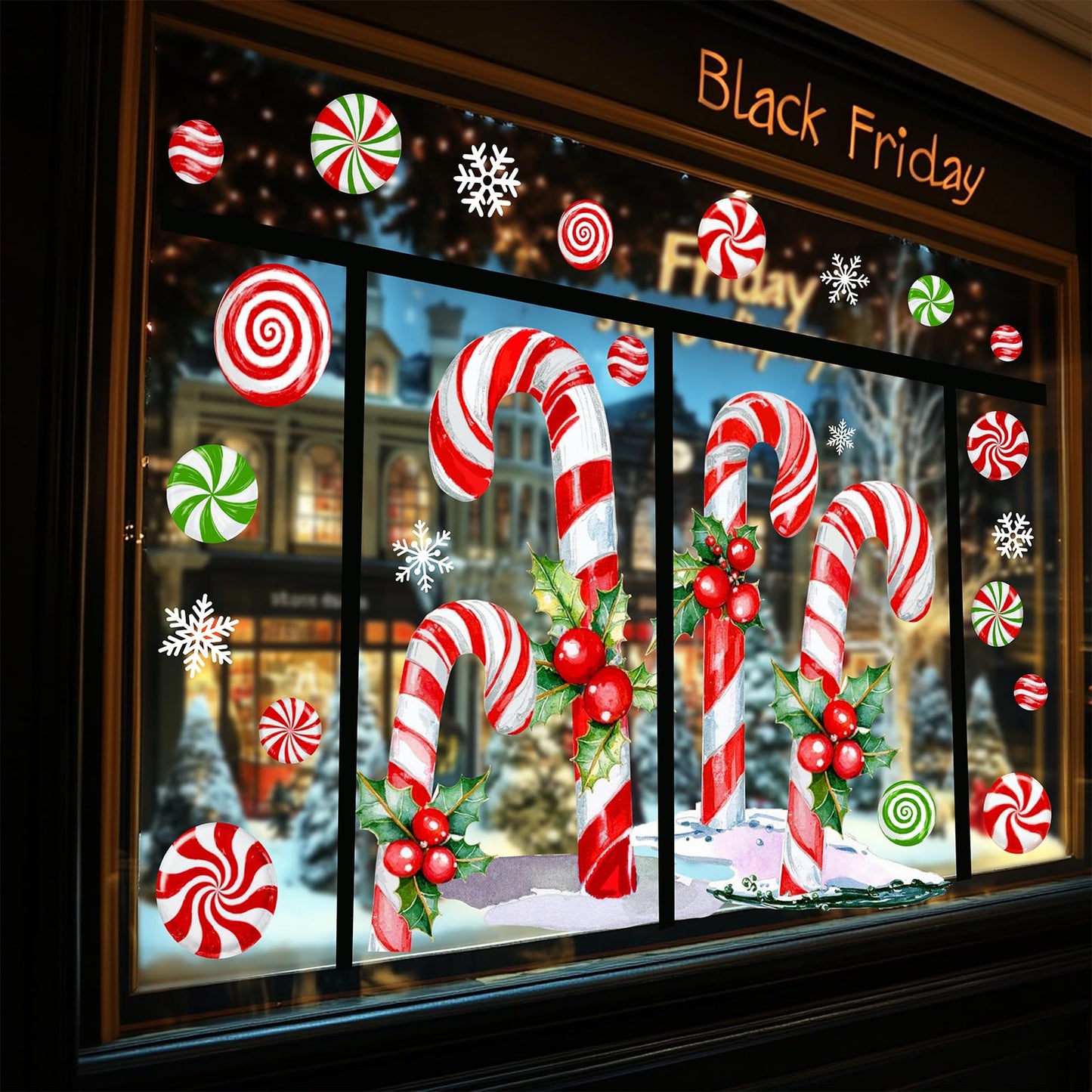Whaline 13.8 x 35.4'' Extra Large Christmas Window Clings Red Green Candy Cane Holly Berry Window Stickers Double Sided Glass Decals for Winter Xmas Home Classroom Office Party Decoration, 3 Sheets