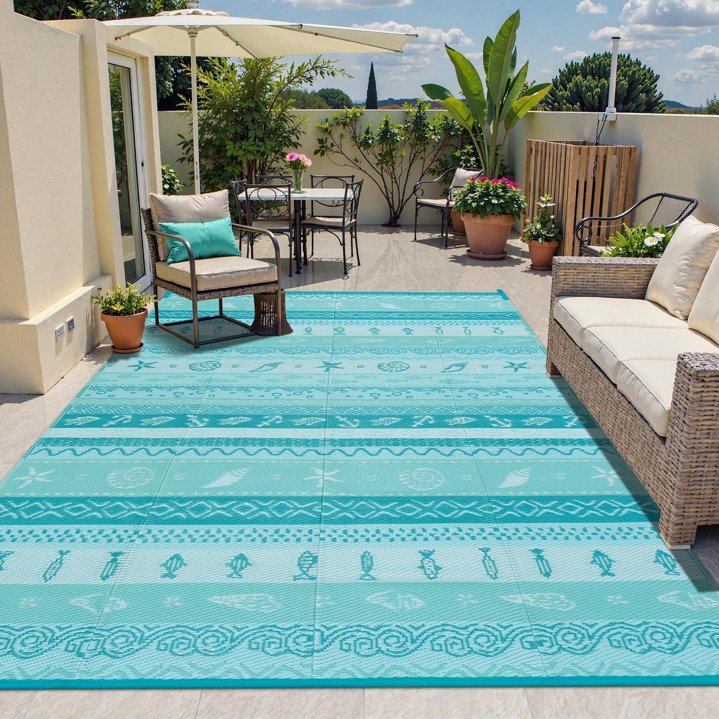 Uphome Coastal Outdoor Rug Waterproof 8x10, Large Reversible Ocean Beach Theme Striped Patio Plastic Straw Rugs, Tribal RV Camping Outside Carpet Mat for Pool Back Yard Deck, 8 x 10 ft