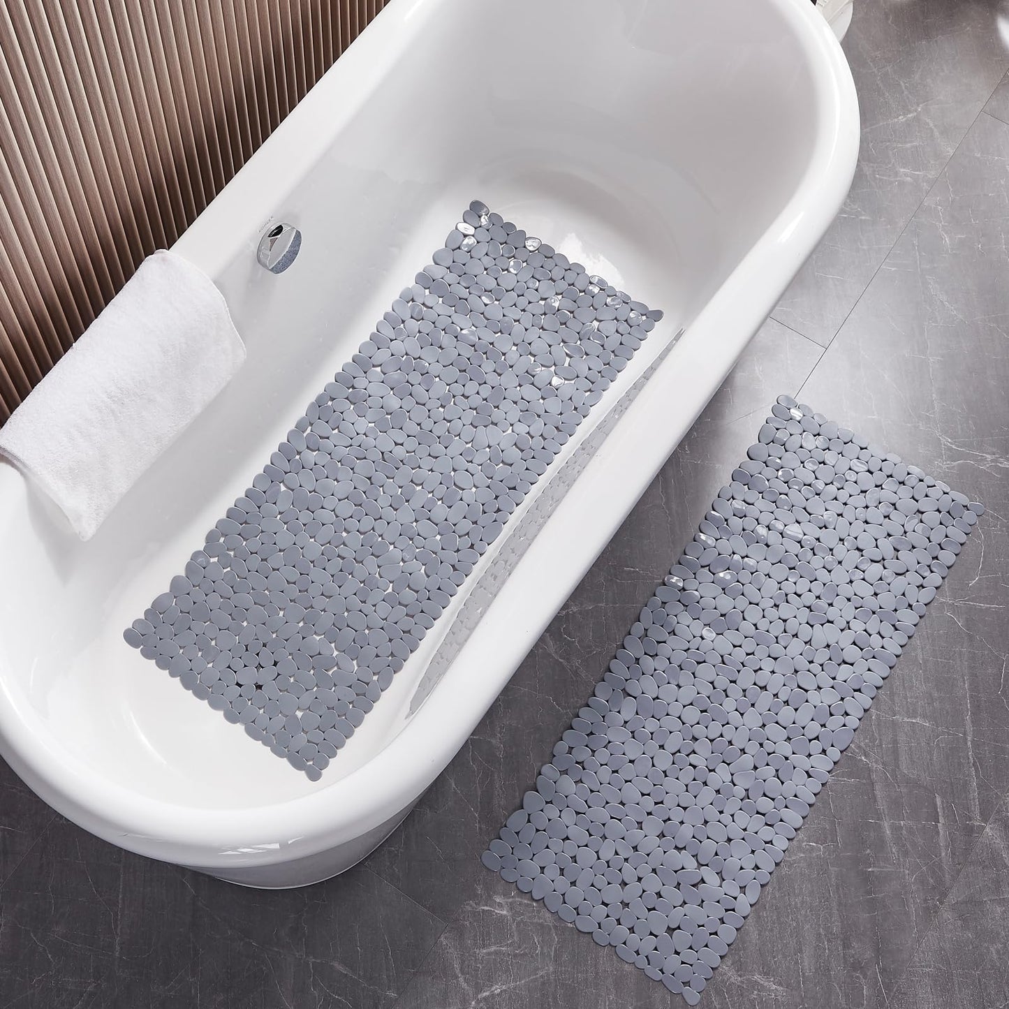 Webos Bath Shower Mat Non Slip: Extra Large Pebble Bathtub mat for Families, Anti Slip Shower Matt with Drain Holes Suction Cups Tub Mat - 16 X 40 Inch Grey