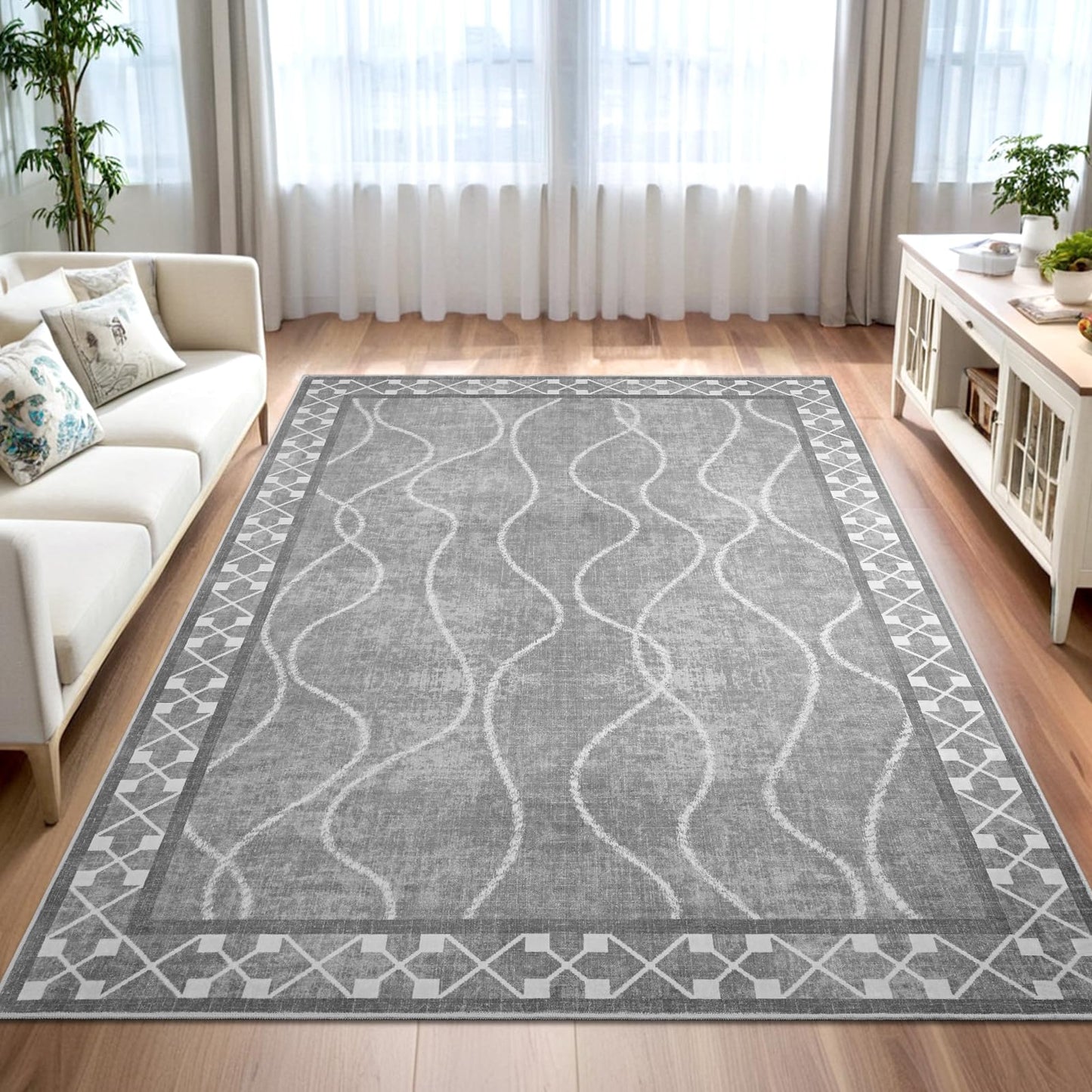 Woottpe 4x6 Area Rugs for Living Room Bedroom, Machine Washable Low Pile Rugs, Non Slip Modern Bordered Print Indoor Carpet for Entryway Office Dining Room Dorm Home Decor,Light Grey