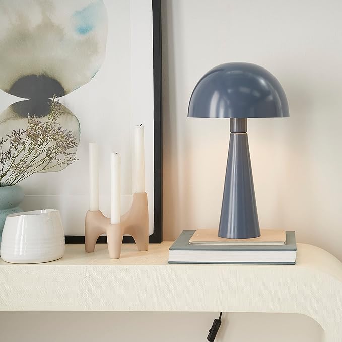 Nourison Home 16" Bluish Grey Metal Mushroom Table Lamp, Modern, Retro, Desk Light for Bedroom, Dining, Office, Entryway