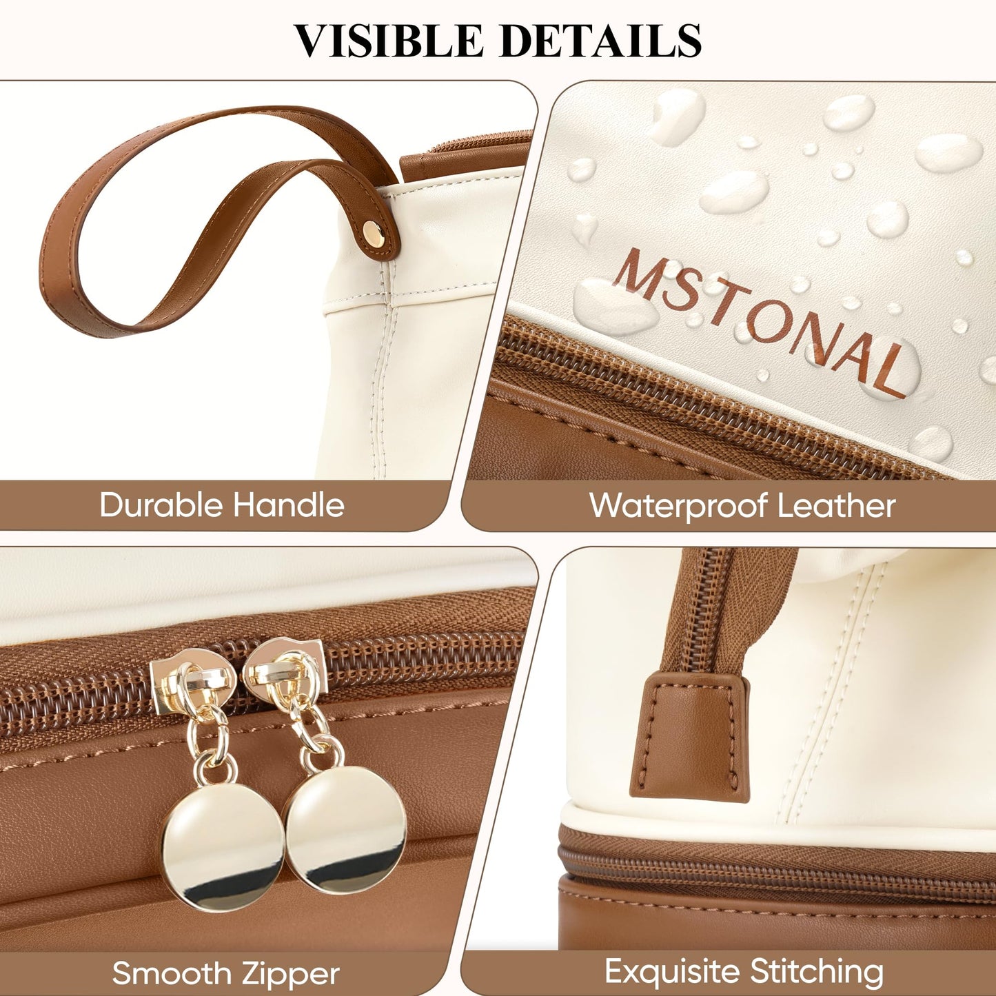 MSTONAL Travel Makeup Bag, Large Capacity Double Layer Cosmetic Bags for Women, Waterproof Portable Make Up Skincare Pouch with Makeup Brush Organizer, Toiletry Bag for Essentials, Beige & Brown