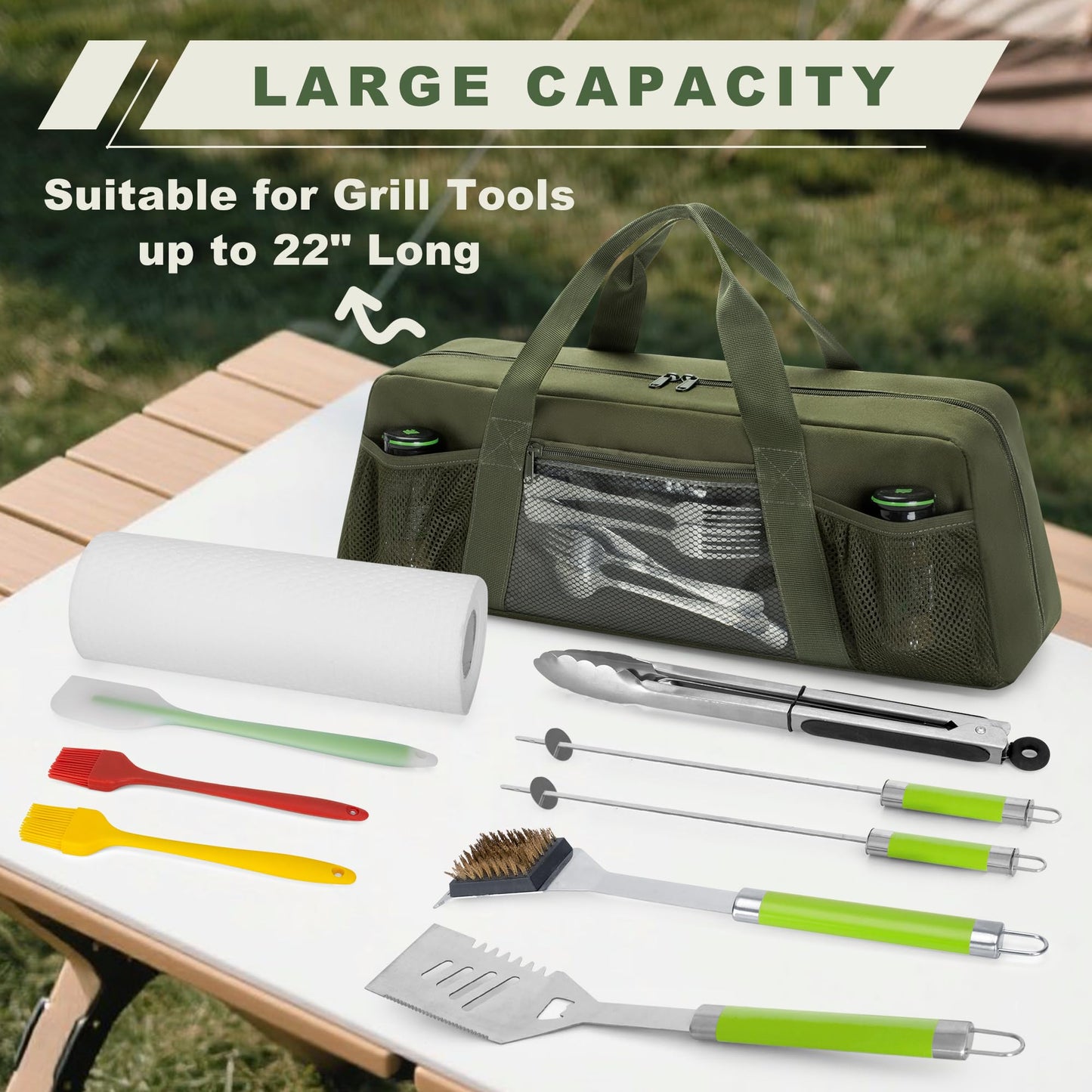 HODRANT Grill Tool Storage Bag, Outdoor BBQ Utensil Holder for Barbecue Tool up to 22", Large Grill Utensil Storage Caddy with Pockets, BBQ Accessories Case Container for Camping, Bag Only, Green