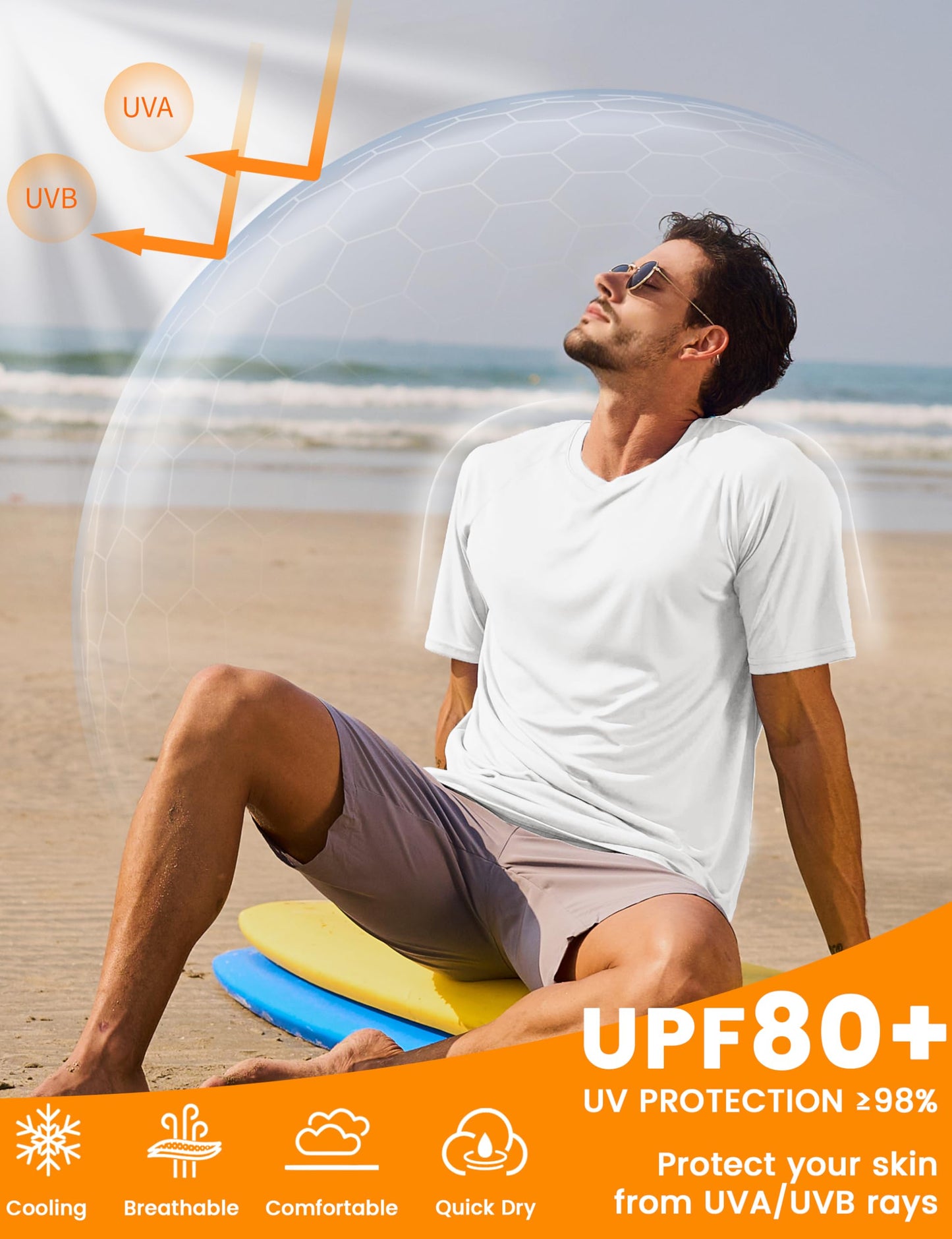 MAGCOMSEN Mens UPF 80+ Sun Shirts Short Sleeve Swim Rash Guard Moisture Wicking Quick Dry Shirt for Running White, L