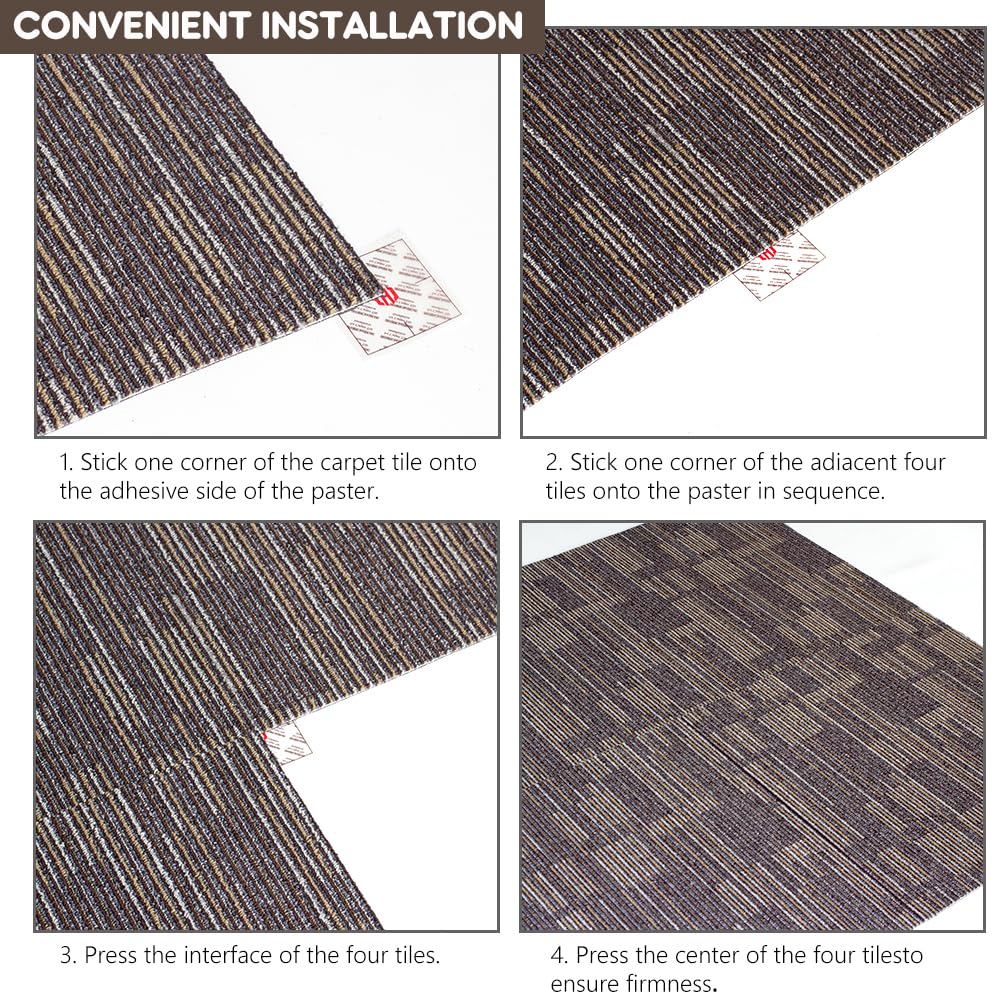 SHNOSU Carpet Floor Tiles 24” x 24” Commercial Carpet Squares 18 Pcs Non-Slip Office Soft Tiles DIY Installation for Living Room Bedroom Study Hotel, Brown