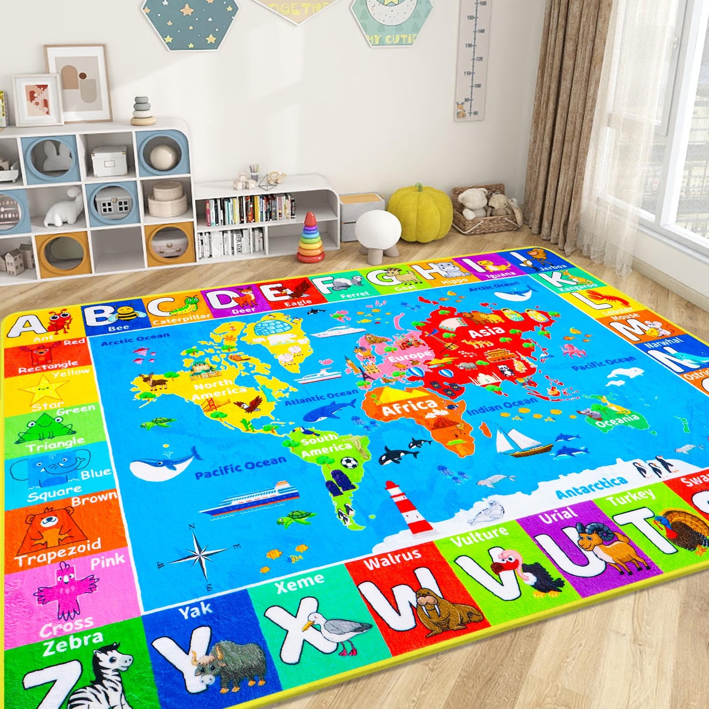 World Map ABC Kid Rug for Playroom Geography 59"×39.4" Classroom Play Carpet Educational Baby Playmat Alphabet Mat for Primary School Fluffy Ployester Non-Slip Preschool Rug for Nursery Room