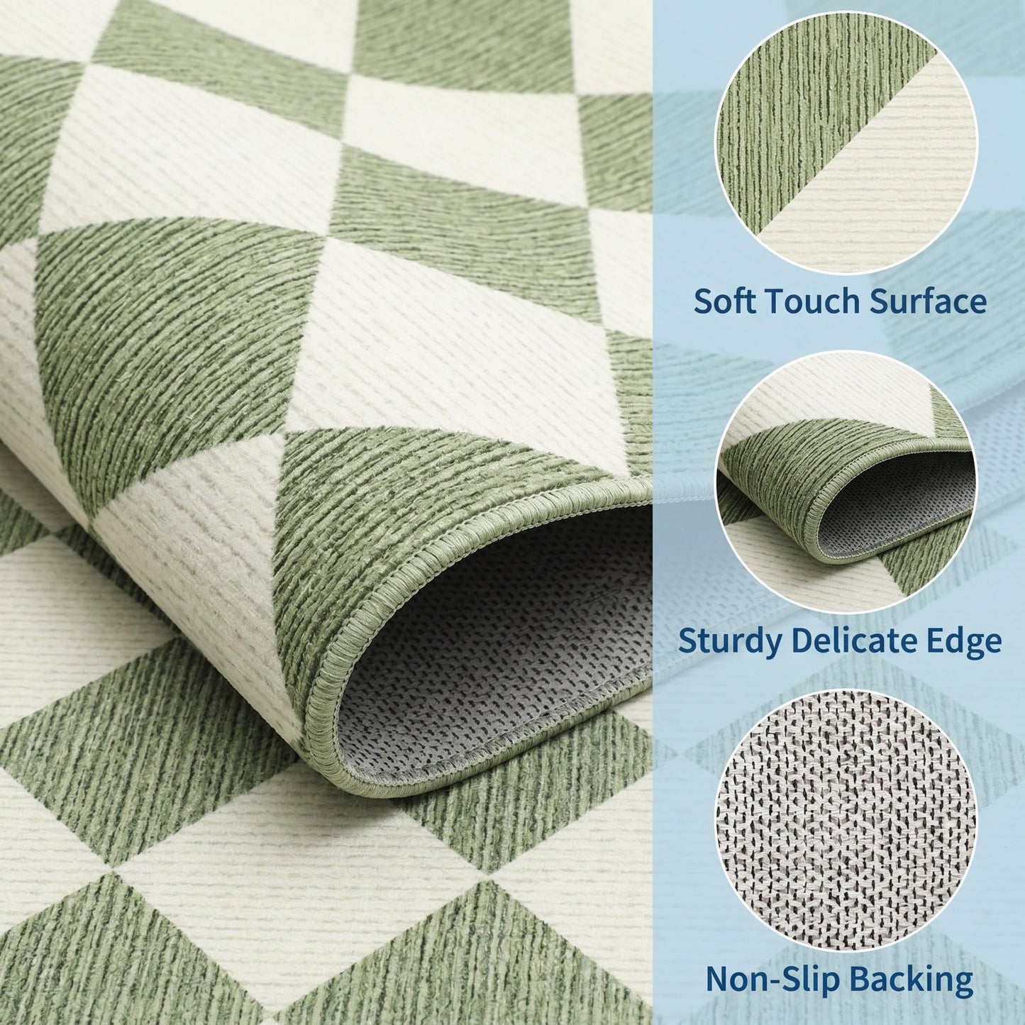 GarveeHome 5x7 Modern Checkered Area Rug, Sage Green Washable Rugs for Living Room Bedroom, Soft Low Pile Non Slip Diamond Floor Mat Plaid Print Throw Rug Indoor Carpet Dining Room Playroom