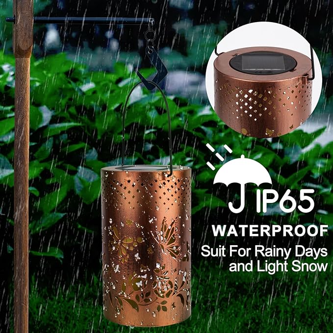 Boho Solar Lanterns Outdoor 2 Pack - Birthday Gifts for Mom Grandma Metal Hanging Solar Powered Unique Garden Decorative LED Lights for Outside Yard Patio Lawn Porch Decor (Butterfly 2 Pack)