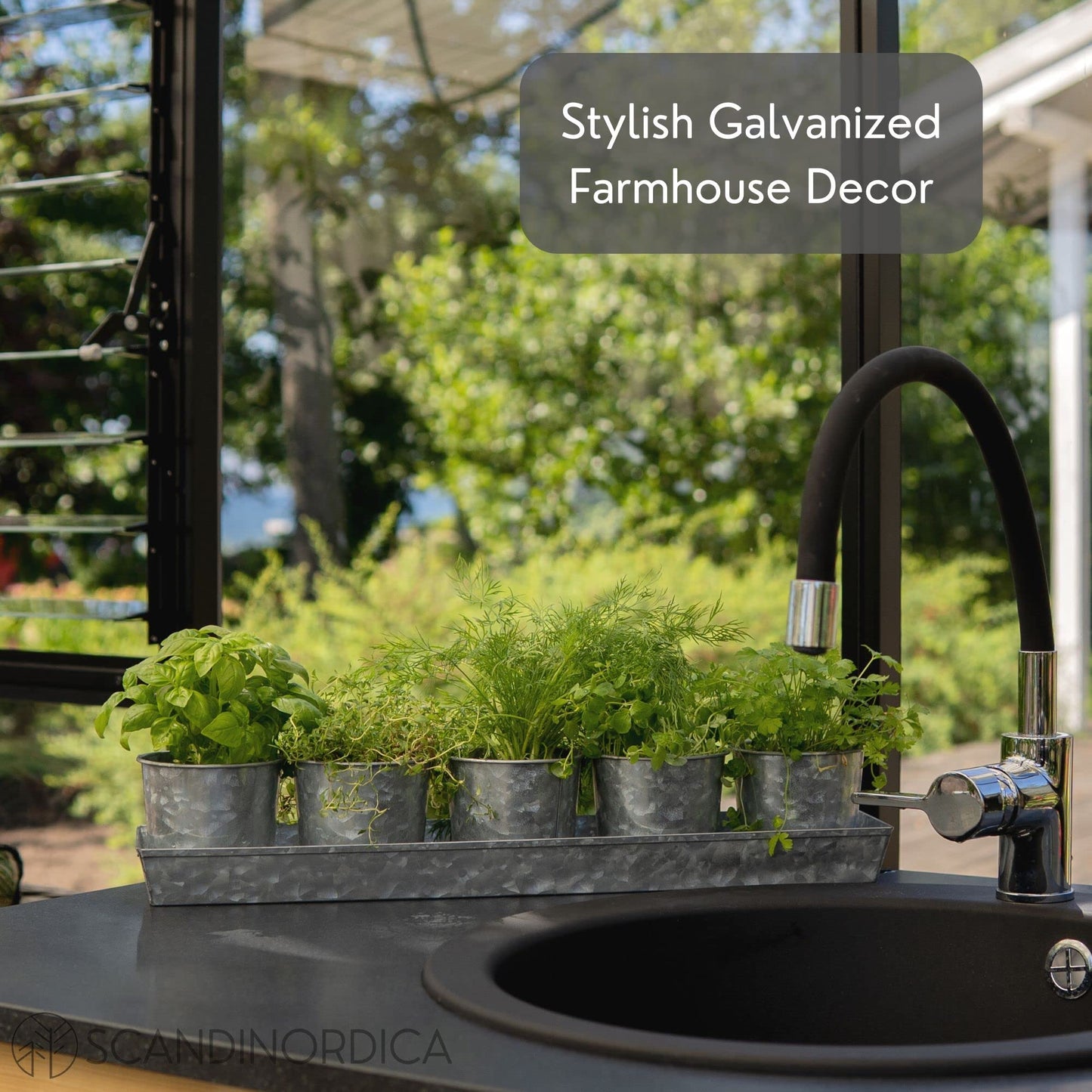 SCANDINORDICA Galvanized Herb Planter – 5 Herb Pots with Drainage Holes and Tray, Windowsill Planter, Indoor Herb Garden Planter Outdoor, Herb Pots for Indoor Plants | Windowsill Herb Garden