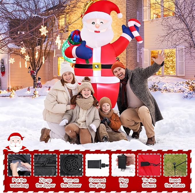 FRAMICS 8 FT Christmas Inflatable Santa Claus with Gift - Outdoor Decoration with LED Lights for Holiday Garden Lawn Party