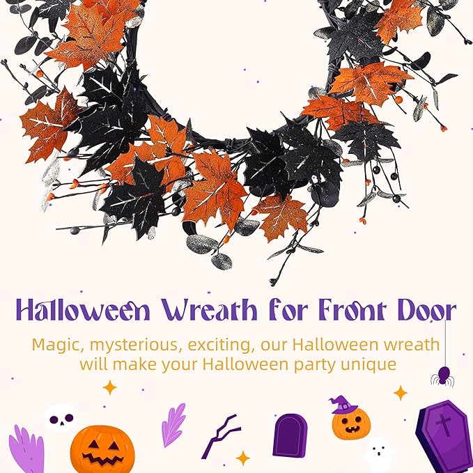 YNYLCHMX 18" Halloween Wreath for Front Door, Halloween Door Wreaths, Fall Autumn Farmhouse Wreath with Golden and Black Maple Leaves for Home Winsow Decorations Indoor Outdoor Party Decor