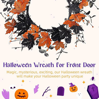 YNYLCHMX 18" Halloween Wreath for Front Door, Halloween Door Wreaths, Fall Autumn Farmhouse Wreath with Golden and Black Maple Leaves for Home Winsow Decorations Indoor Outdoor Party Decor