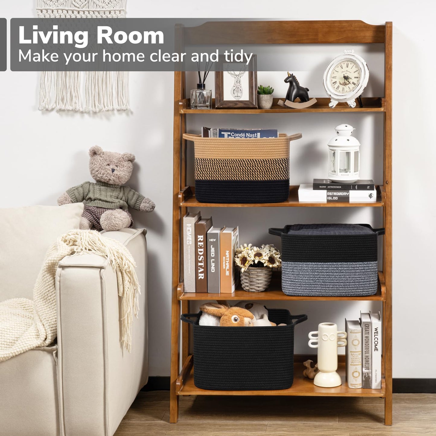 Goodpick Woven Storage Baskets for Organizing, Cotton Rope Organizer for Living Room Bedroom, Black Laundry Basket with Handles, Stylish Gift Baskets for Baby Boys, 13"x10"x9"