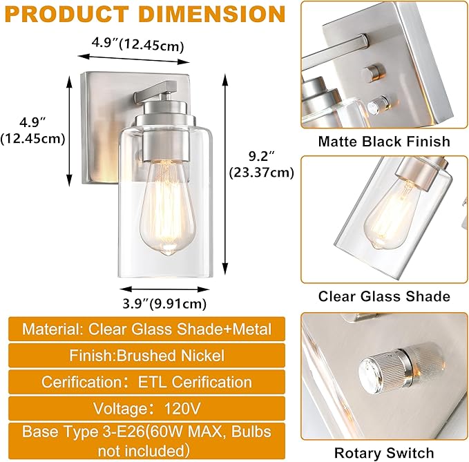 Pia Ricco Wall Sconces Set of 2, Bedside Wall Lamp with Switch for Bedroom, Modern Bathroom Light Fixture with Clear Glass Shade, Brushed Nickel Sconces Wall Lights for Living Room, Hallway, Kitchen